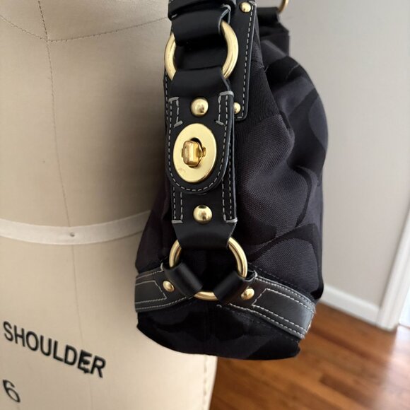 Vintage Coach Carly Bag Black Leather Jacquard Signature Hobo Shoulder Handbag - Picture 3 of 10
